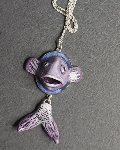 Fish Necklace – Handmade Clay & Resin Surreal Statement Jewelry, Sculptural Wearable Art with Sterling Silver S925 Pendant / Chain OOAK