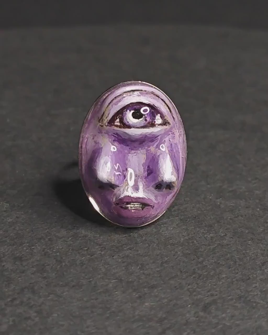 Purple Face with Double Nose Ring – Handmade Clay & Resin Surreal Statement Jewelry, Sculptural Fantasy Wearable Art with Adjustable Stainless Steel Band