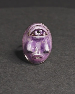 Purple Face with Double Nose Ring – Handmade Clay & Resin Surreal Statement Jewelry, Sculptural Fantasy Wearable Art with Adjustable Stainless Steel Band