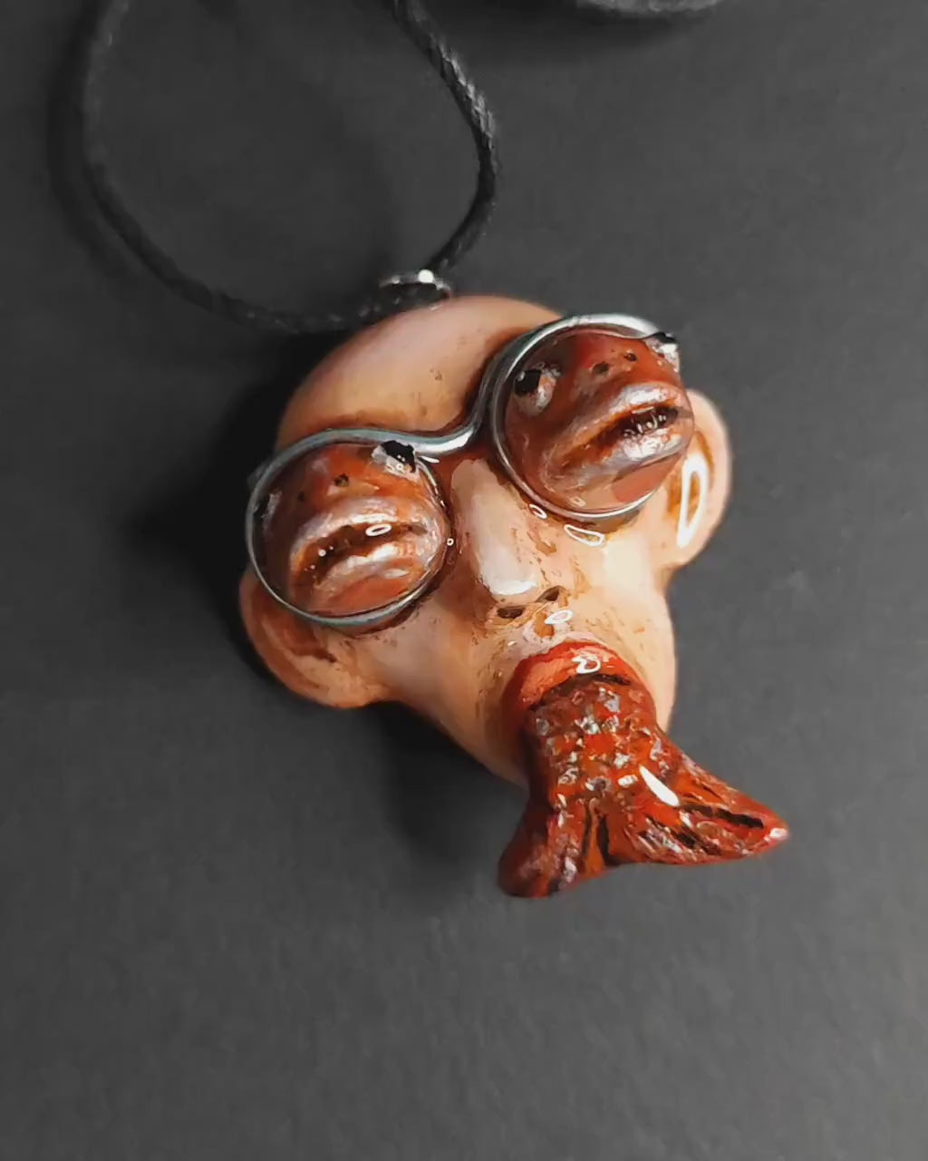 Fish Through Face Necklace – Handmade Clay & Resin Surreal Statement Jewelry, Sculptural Wearable Art OOAK