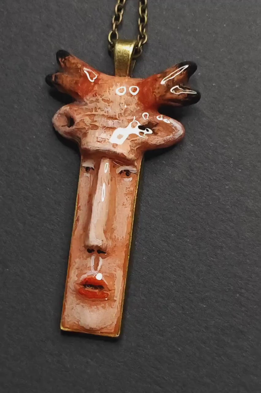 Human Deer Chimera Necklace – Handmade Clay Resin Surreal Statement Jewelry, Sculptural Fantasy Wearable Art with Alloy Pendant / Chain OOAK