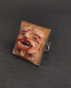 Double Face Ring – Handmade Clay Dark Surreal Statement Jewelry, Sculptural Fantasy Wearable Art on Adjustable Stainless Steel Band OOAK