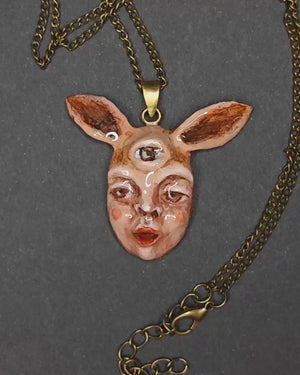 Human Rabbit Chimera Necklace – Handmade Clay Surreal Statement Jewelry, Sculptural Fantasy Wearable Art with Brass Pendant / Chain OOAK
