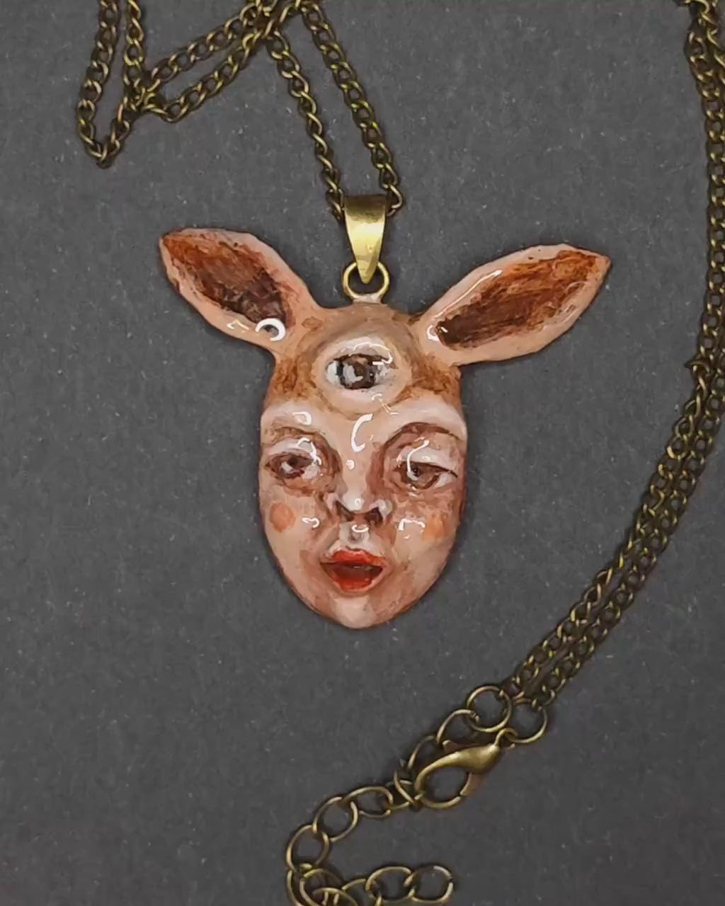 Human Rabbit Chimera Necklace – Handmade Clay Surreal Statement Jewelry, Sculptural Fantasy Wearable Art with Brass Pendant / Chain OOAK