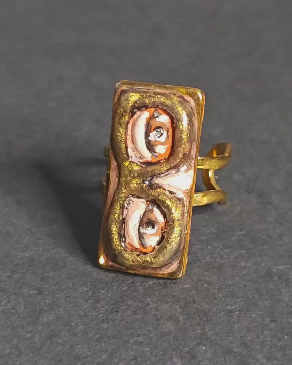 Glasses Eyes Ring – Handmade Clay & Resin Surreal Statement Jewelry, Sculptural Wearable Art on Adjustable Stainless Steel Band OOAK