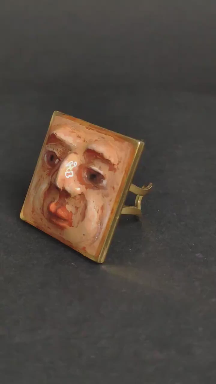 Staring Face Ring – Handmade Clay Surreal Statement Jewelry, Sculptural Artistic Wearable Art on Adjustable Stainless Steel Band OOAK