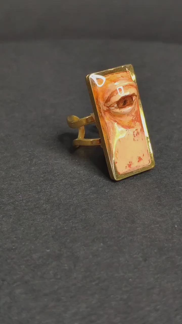 Rectangular One Eye Ring – Handmade Clay & Resin Surreal Statement Jewelry, Sculptural Wearable Art on Adjustable Stainless Steel Band