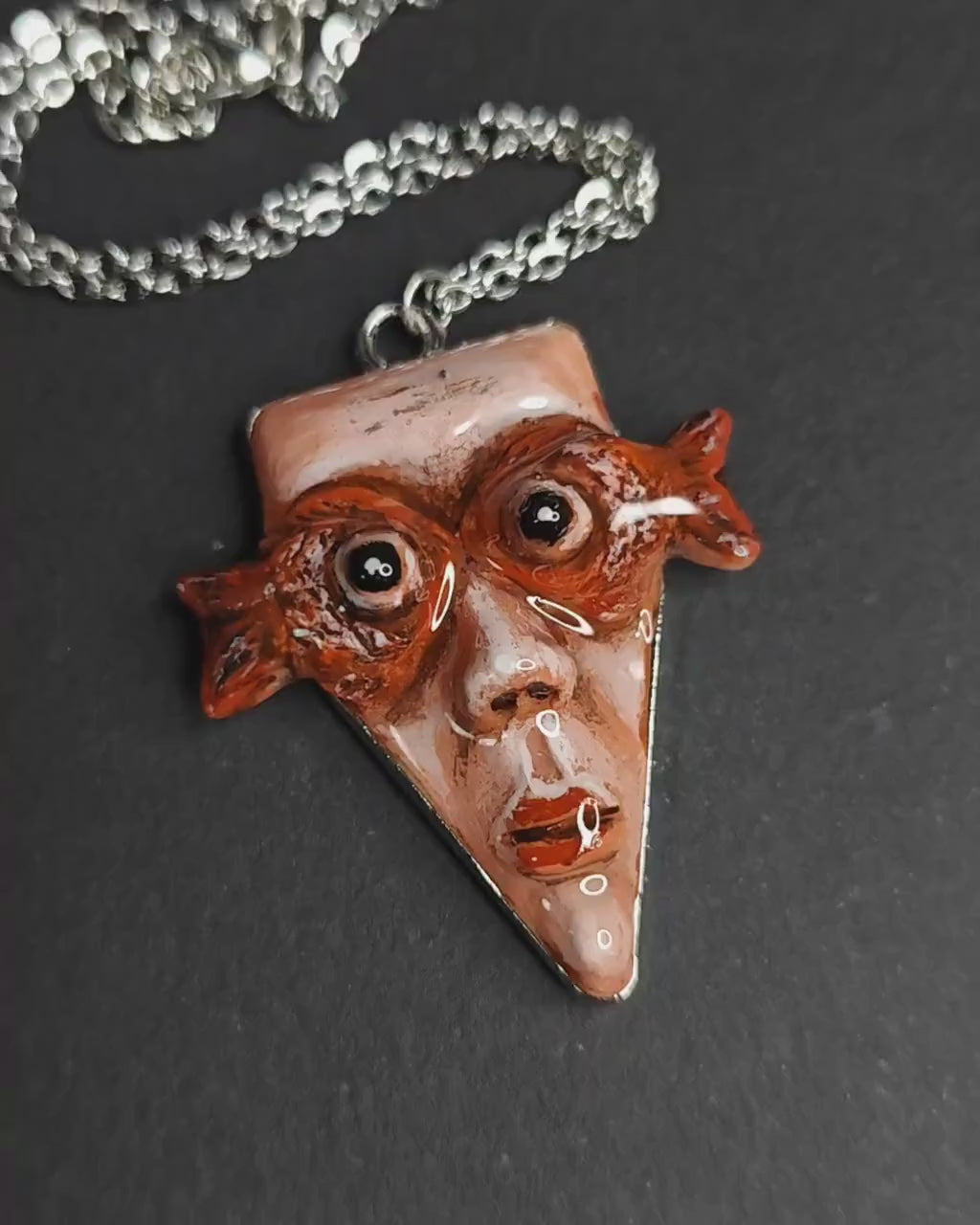 Face with Fish Eye Necklace – Handmade Clay & Resin Surreal Statement Jewelry, Sculptural Wearable Art with Alloy Pendant / Chain