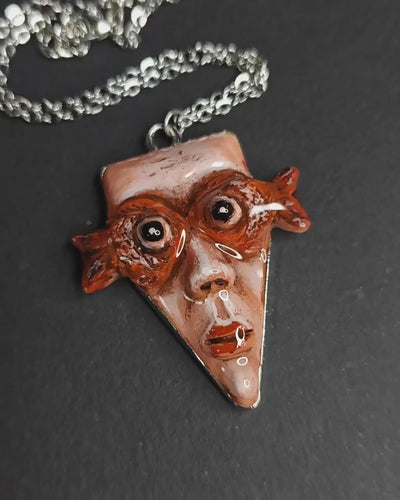 Face with Fish Eye Necklace – Handmade Clay & Resin Surreal Statement Jewelry, Sculptural Wearable Art with Alloy Pendant / Chain