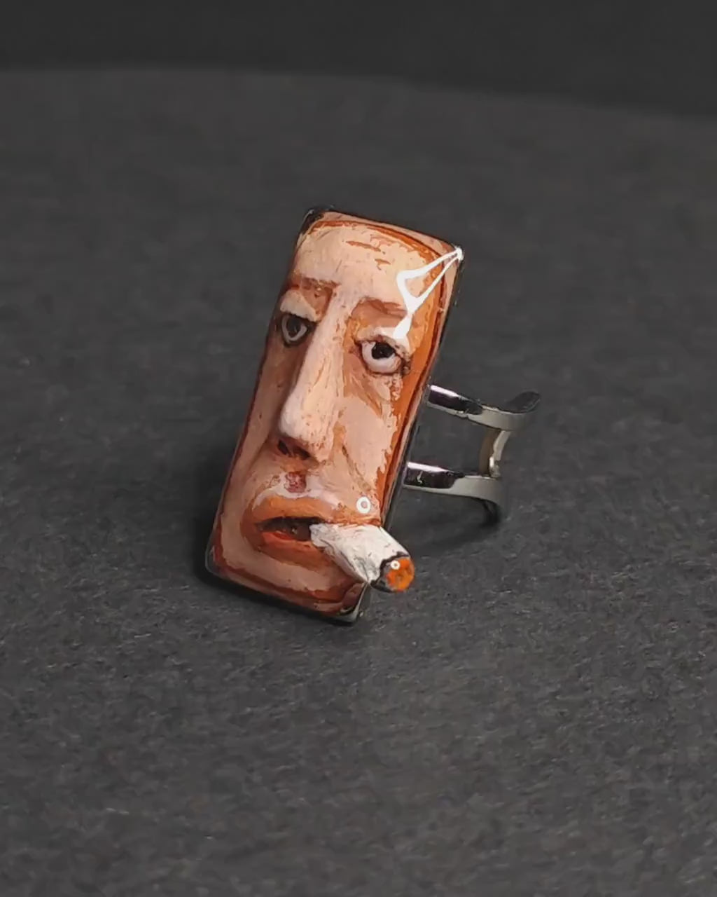 Smoking Cigar Ring – Handmade Clay & Resin Surreal Statement Jewelry, Sculptural Wearable Art with Adjustable Stainless Steel Band