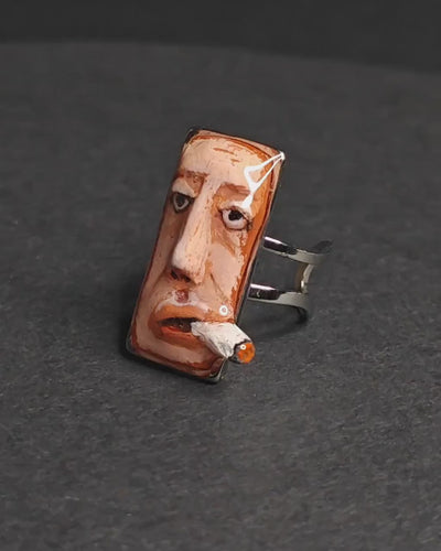 Smoking Cigar Ring – Handmade Clay & Resin Surreal Statement Jewelry, Sculptural Wearable Art with Adjustable Stainless Steel Band
