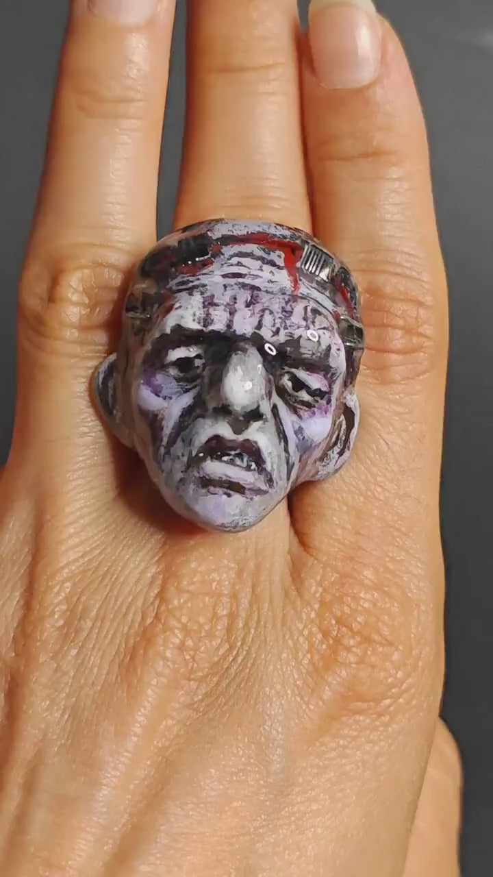 Frankenstein Ring – Handmade Clay Gothic Horror Statement Jewelry, Dark Surreal Sculptural Wearable Art, Adjustable Stainless Steel OOAK