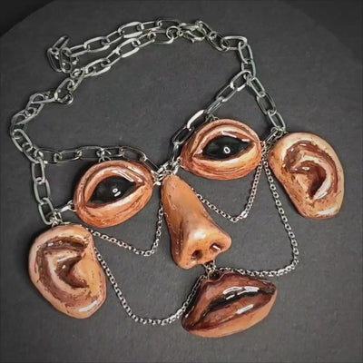 The Observer Necklace – Handmade Clay & Resin Surreal Statement Jewelry, Sculptural Full-Face Stainless Steel Wearable Art OOAK