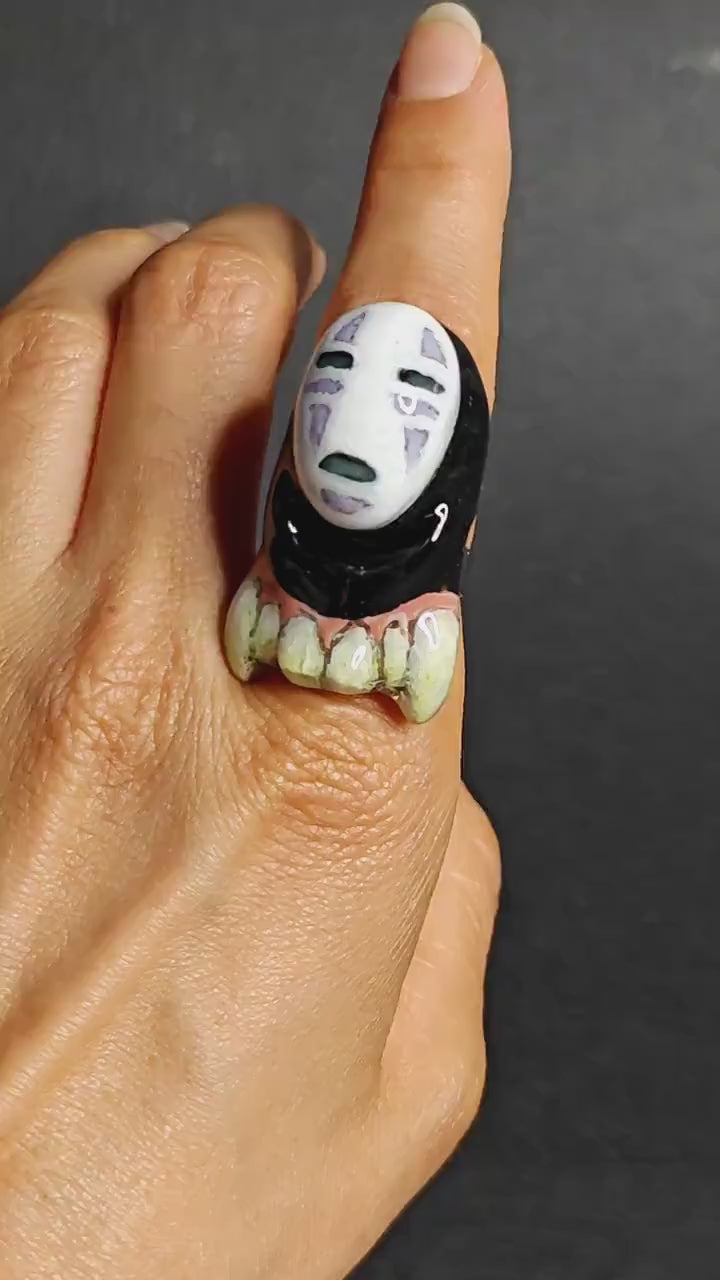 No Face Glow Ring – Handmade Clay Dark Surreal Statement Jewelry, Sculptural Fantasy Wearable Art on Adjustable Stainless Steel Band OOAK