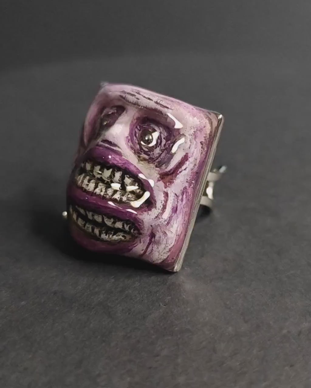 Two Mouths Monster Ring – Handmade Clay & Resin Dark Surreal Statement Jewelry, Sculptural Fantasy Wearable Art on Stainless Steel Band OOAK