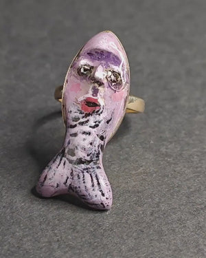 Purple Fish Ring – Handmade Clay & Resin Surreal Statement Jewelry, Sculptural Fantasy Wearable Art with Sterling Silver S925 Band