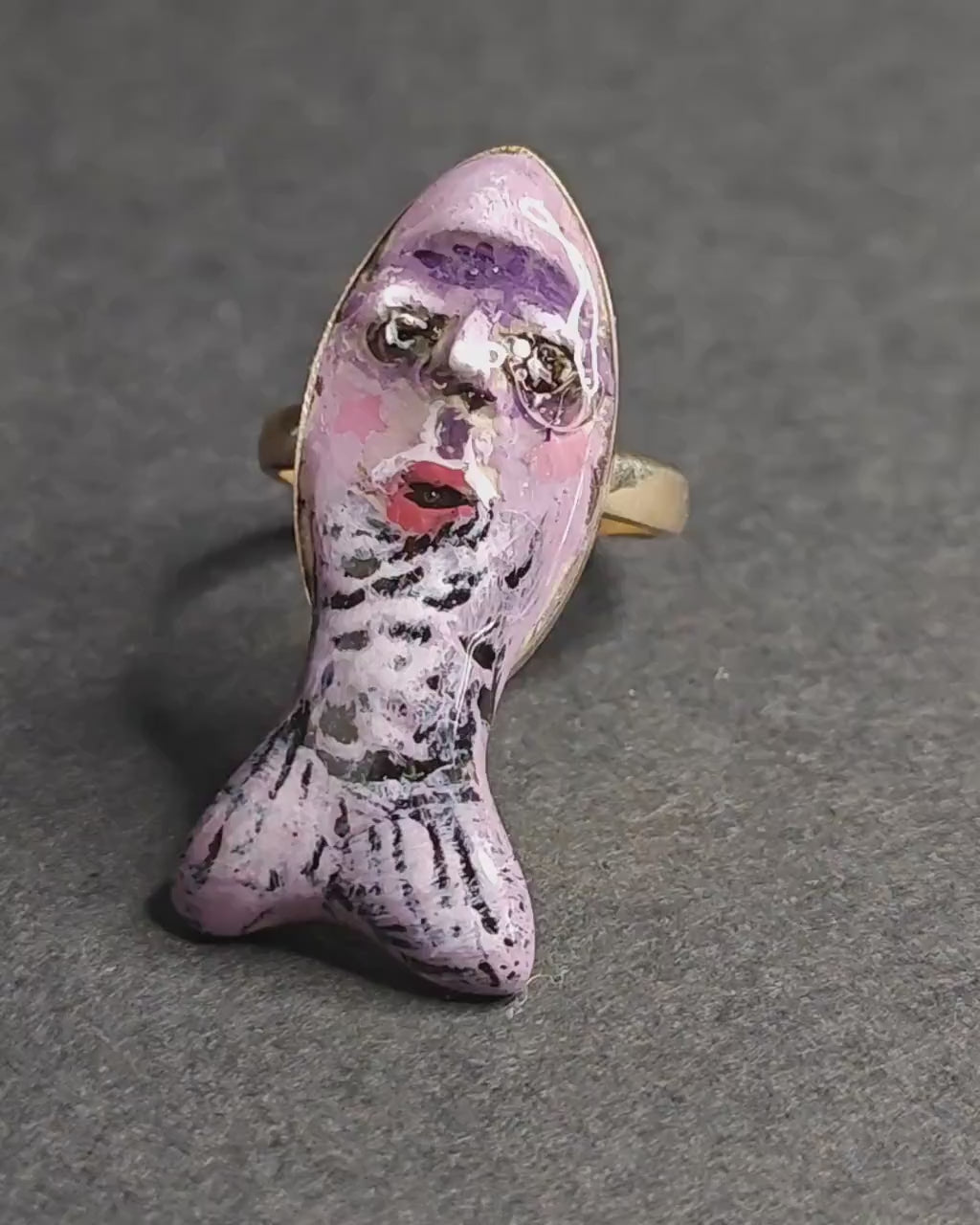 Purple Fish Ring – Handmade Clay & Resin Surreal Statement Jewelry, Sculptural Fantasy Wearable Art with Sterling Silver S925 Band