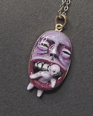 Purple Monster Eating Human Necklace – Handmade Clay & Resin Dark Surreal Statement Jewelry, Sculptural Fantasy Wearable Art with Sterling Silver Chain / Pendant OOAK