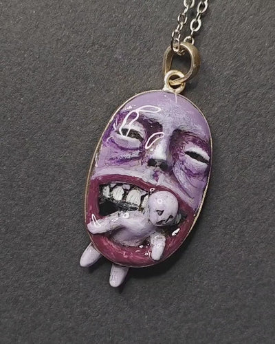Purple Monster Eating Human Necklace – Handmade Clay & Resin Dark Surreal Statement Jewelry, Sculptural Fantasy Wearable Art with Sterling Silver Chain / Pendant OOAK
