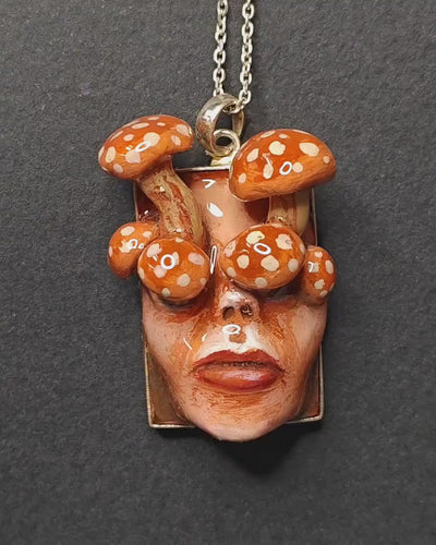 Mushrooms Sprouting Human Eyes Necklace – Handmade Clay & Resin Surreal Statement Jewelry, Sculptural Fantasy Wearable Art with Sterling Silver S925 Chain / Pendant