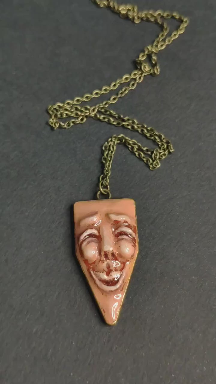 Happy Person Necklace – Handmade Clay & Resin Surreal Statement Jewelry, Sculptural Artistic Wearable Art with Alloy Pendant / Chain OOAK