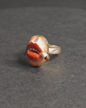 Smoking Cigar Ring – Handmade Clay & Resin Surreal Statement Jewelry, Sculptural Wearable Art with Sterling Silver S925 Band