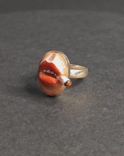Smoking Cigar Ring – Handmade Clay & Resin Surreal Statement Jewelry, Sculptural Wearable Art with Sterling Silver S925 Band
