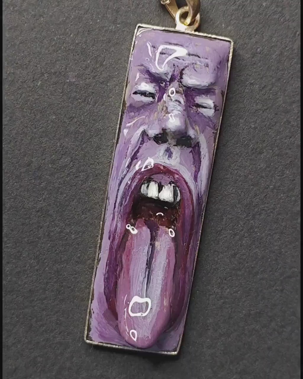 Tongue Out Face Necklace – Handmade Clay & Resin Surreal Statement Jewelry, Purple Sculptural Wearable Art with Sterling Silver S925 Pendant / Chain