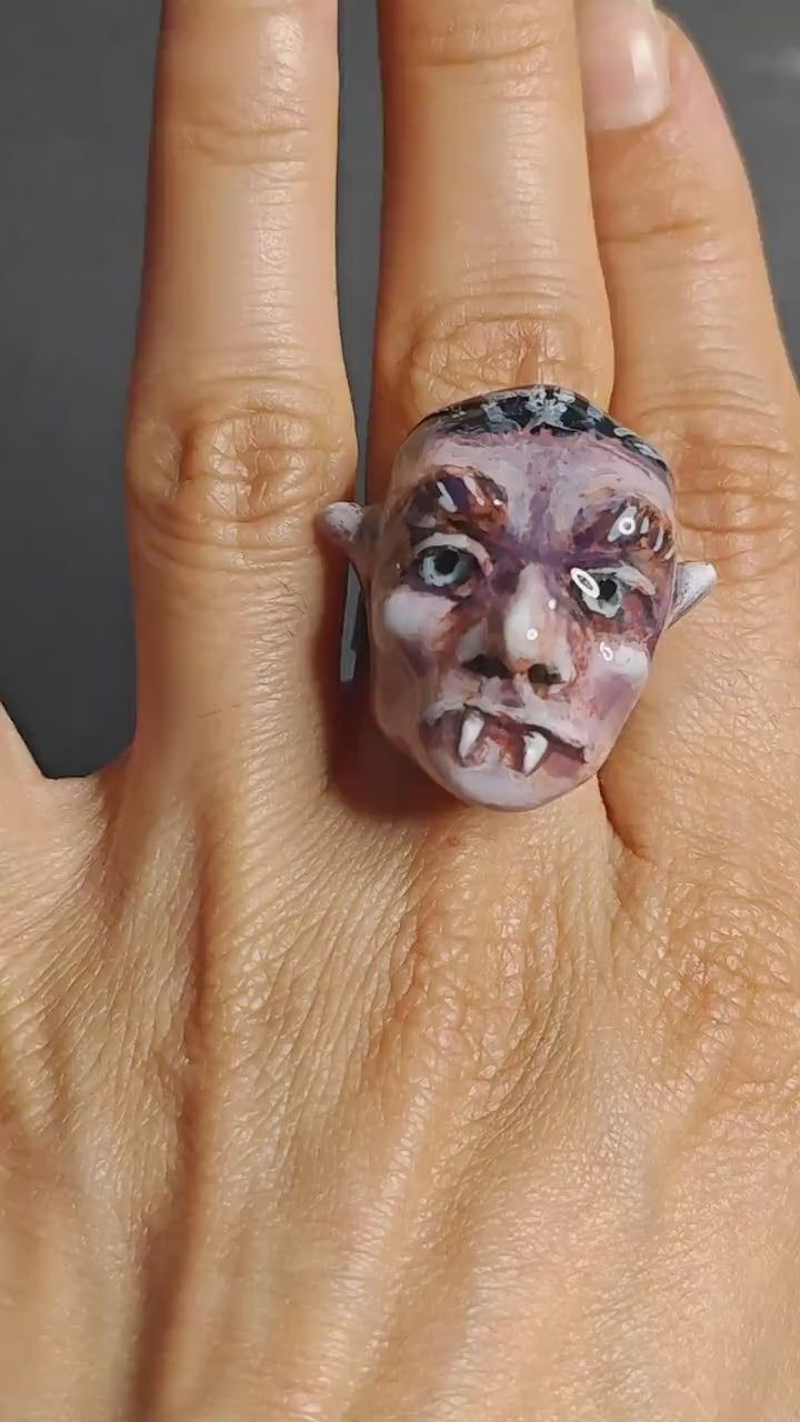 Gothic Glow Ring – Handmade Clay & Resin Statement Jewelry, Dark Surreal Wearable Art with Adjustable Stainless Steel Band OOAK