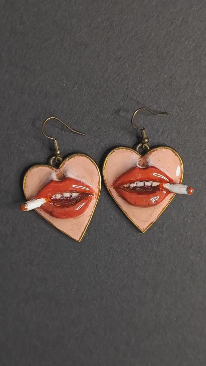 Heart Cigar Earrings – Handmade Clay & Resin Surreal Statement Jewelry, Sculptural Wearable Art with Zinc Alloy Hooks