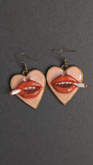 Heart Cigar Earrings – Handmade Clay & Resin Surreal Statement Jewelry, Sculptural Wearable Art with Zinc Alloy Hooks