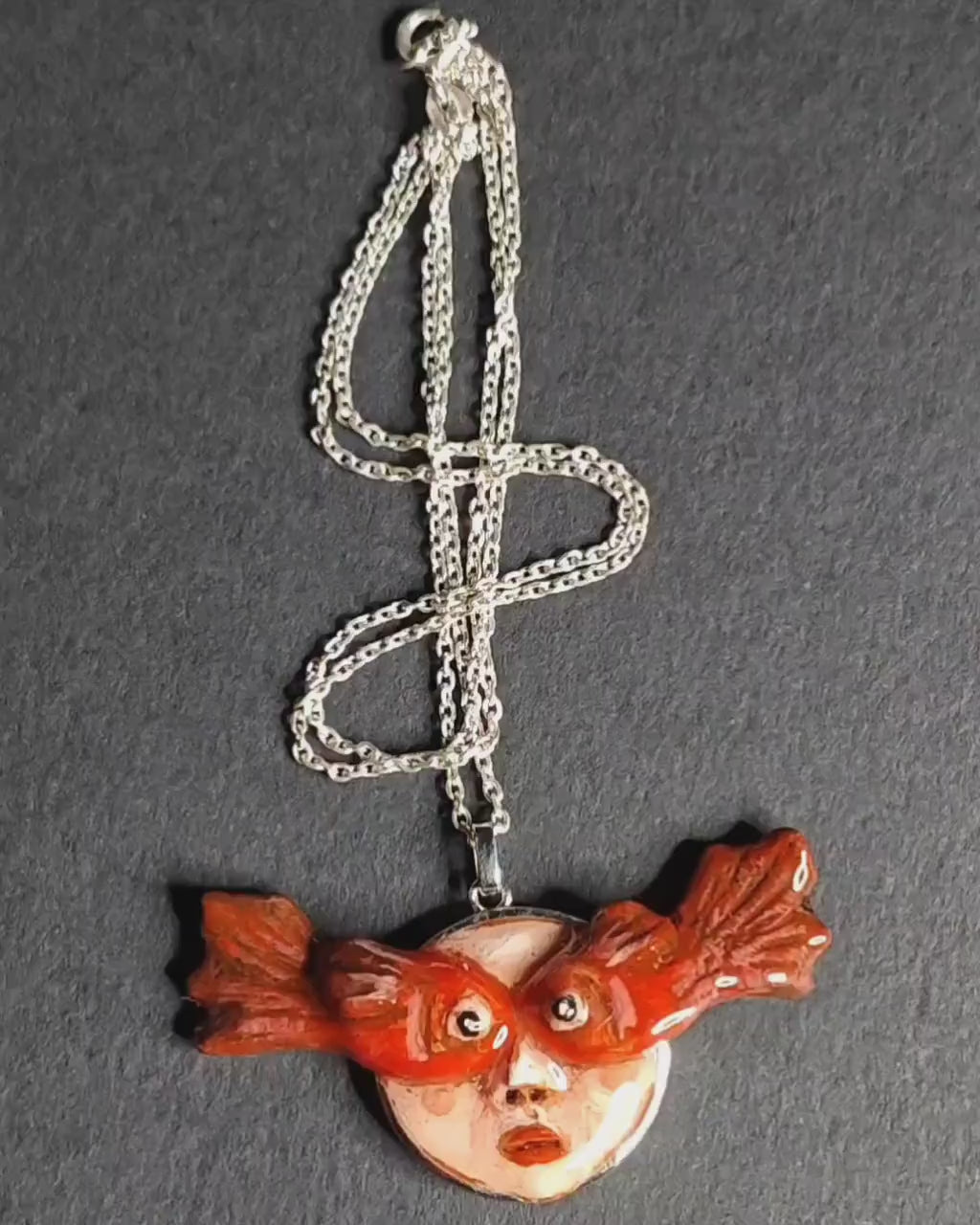 Face with Fish Eye Necklace – Handmade Clay Surreal Statement Jewelry, Sculptural Wearable Art with Sterling Silver S925 Pendant / Chain