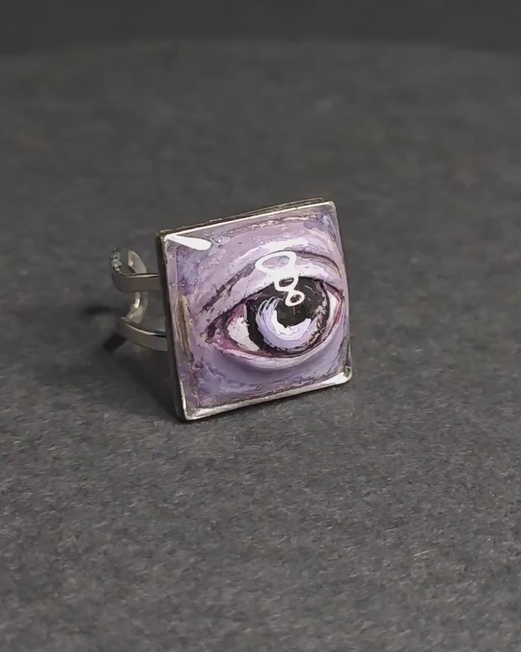 Purple Eye Ring – Handmade Clay & Resin Surreal Statement Jewelry, Sculptural Fantasy Wearable Art with Adjustable Stainless Steel Band