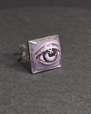 Purple Eye Ring – Handmade Clay & Resin Surreal Statement Jewelry, Sculptural Fantasy Wearable Art with Adjustable Stainless Steel Band