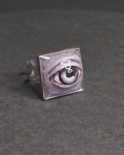 Purple Eye Ring – Handmade Clay & Resin Surreal Statement Jewelry, Sculptural Fantasy Wearable Art with Adjustable Stainless Steel Band