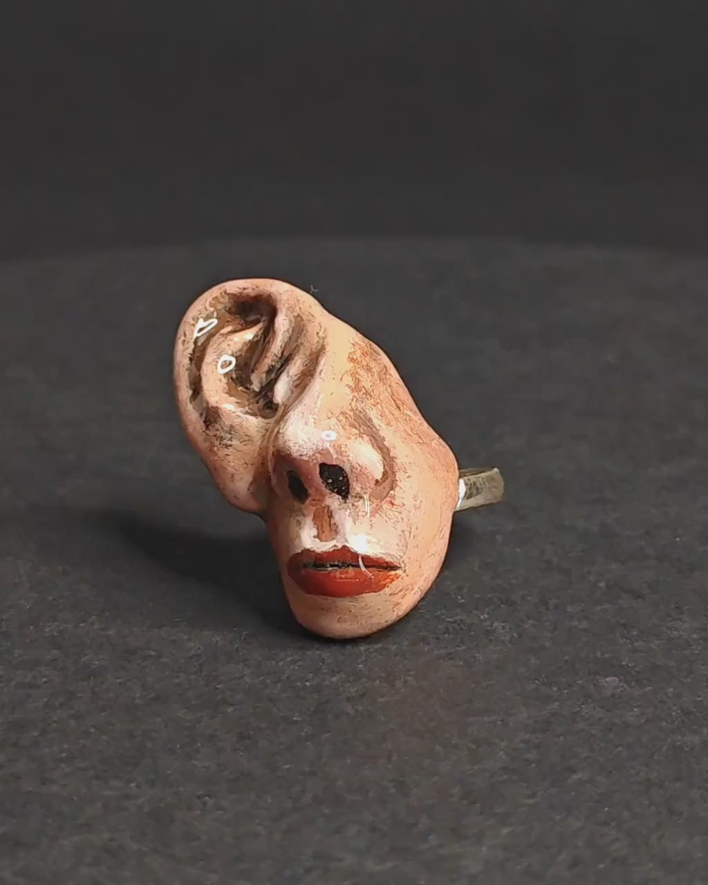 Face without Eyes with One Big Ear Ring – Handmade Clay & Resin Surreal Statement Jewelry, Sculptural Fantasy Wearable Art with Sterling Silver S925 Band OOAK