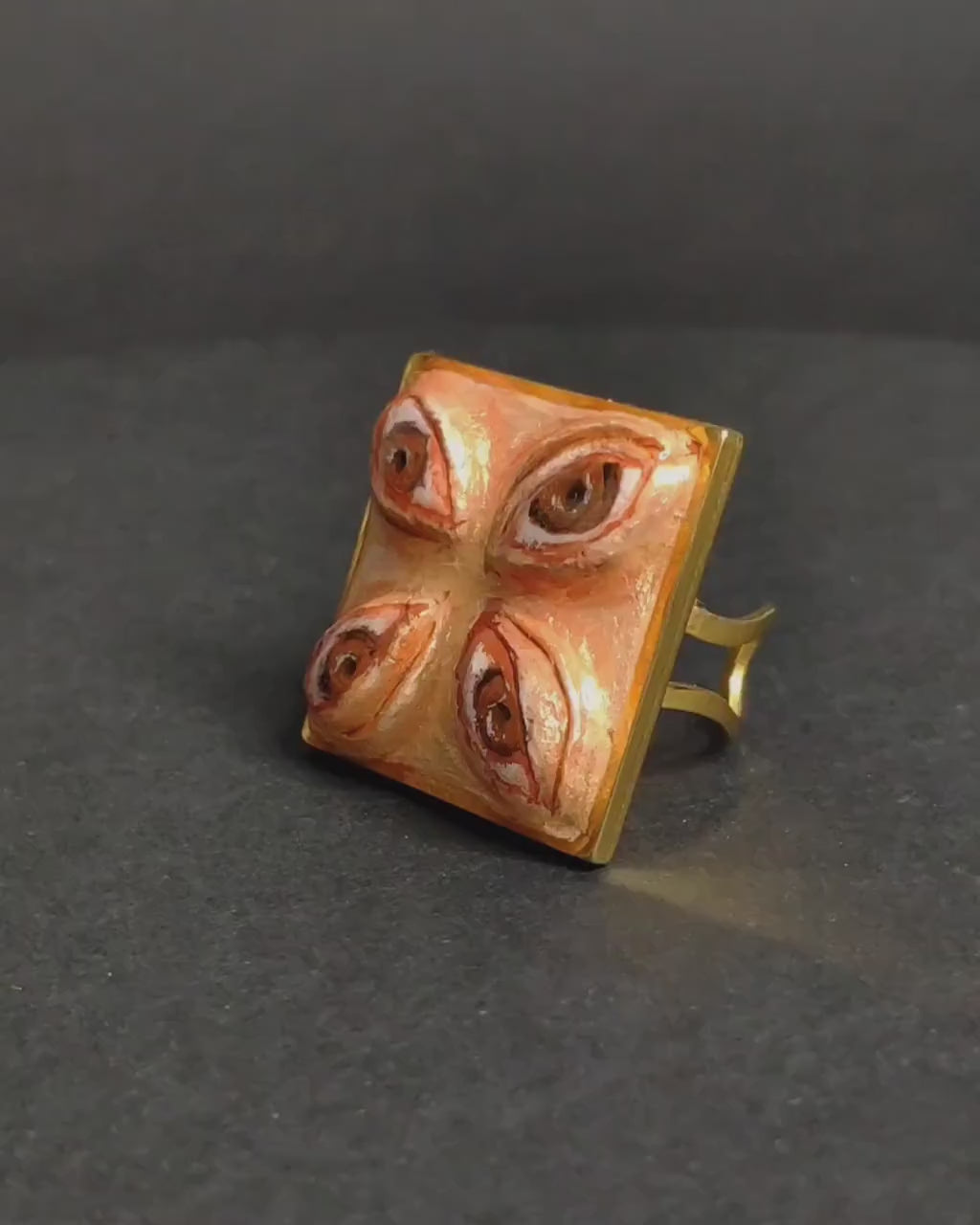 Four Eyes Ring – Handmade Clay & Resin Surreal Statement Jewelry, Sculptural Fantasy Wearable Art on Adjustable Stainless Steel Band OOAK