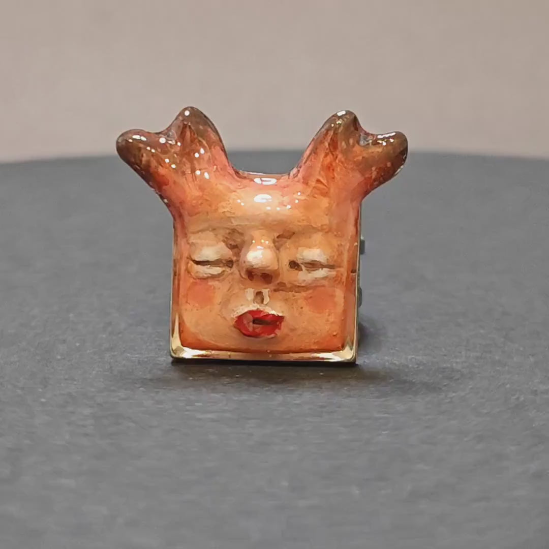 Human Deer Chimera Ring – Handmade Clay Surreal Statement Jewelry, Sculptural Fantasy Wearable Art, Adjustable Stainless Steel Band OOAK