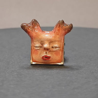 Human Deer Chimera Ring – Handmade Clay Surreal Statement Jewelry, Sculptural Fantasy Wearable Art, Adjustable Stainless Steel Band OOAK
