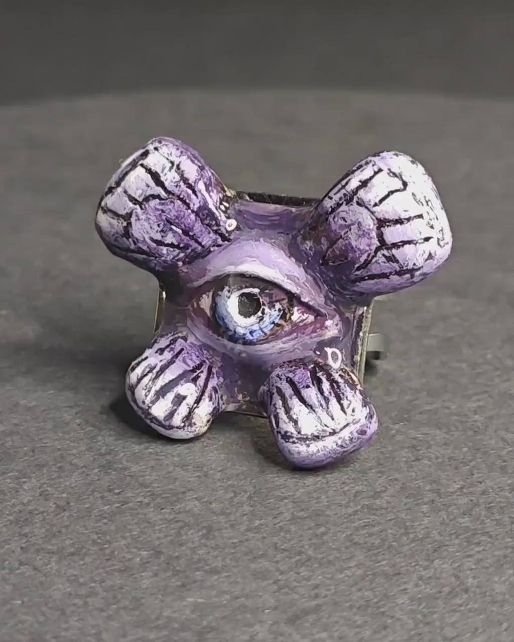Purple Butterfly Eye Ring – Handmade Clay & Resin Surreal Statement Jewelry, Sculptural Fantasy Wearable Art with Adjustable Stainless Steel Band