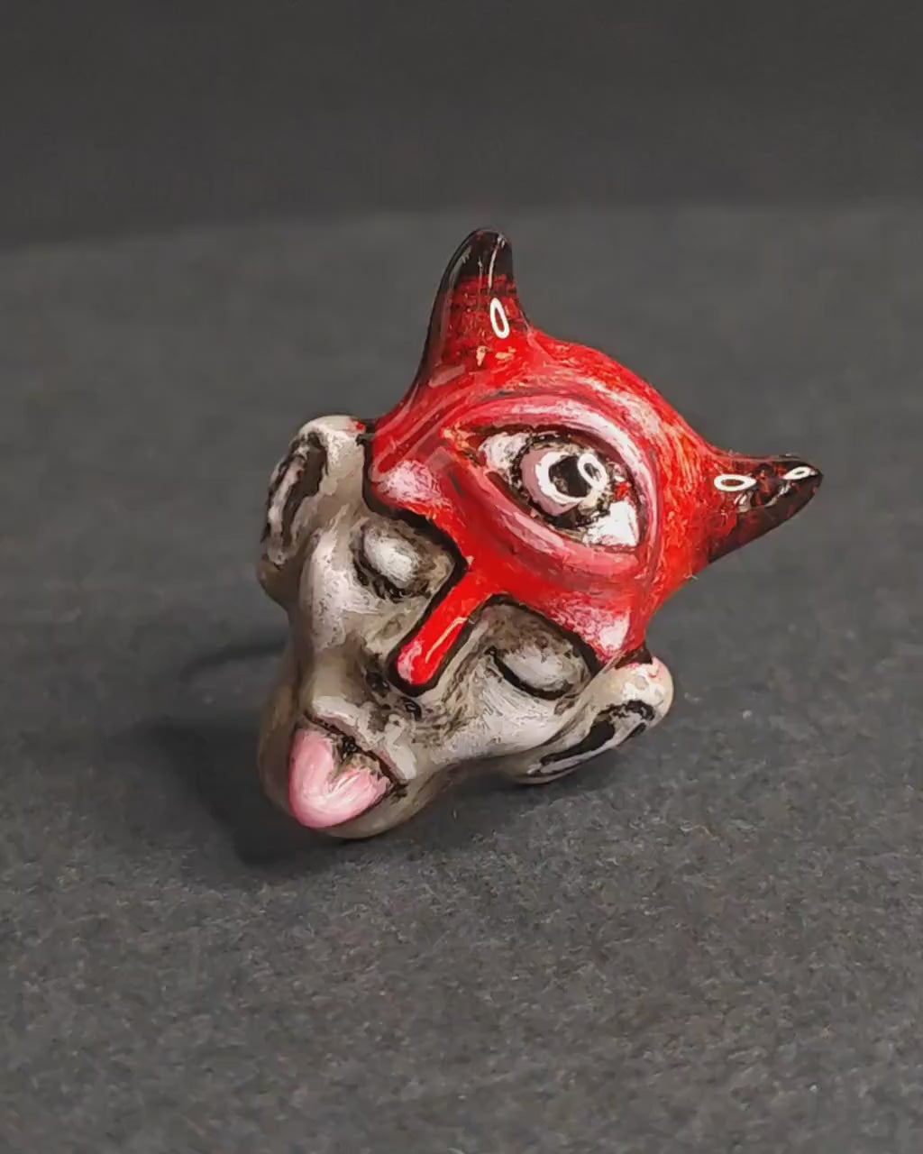 Human Face with Tongue Out, Horns & Third Eye Ring – Handmade Clay & Resin Surreal Statement Jewelry, Sculptural Fantasy Wearable Art with Sterling Silver Band OOAK