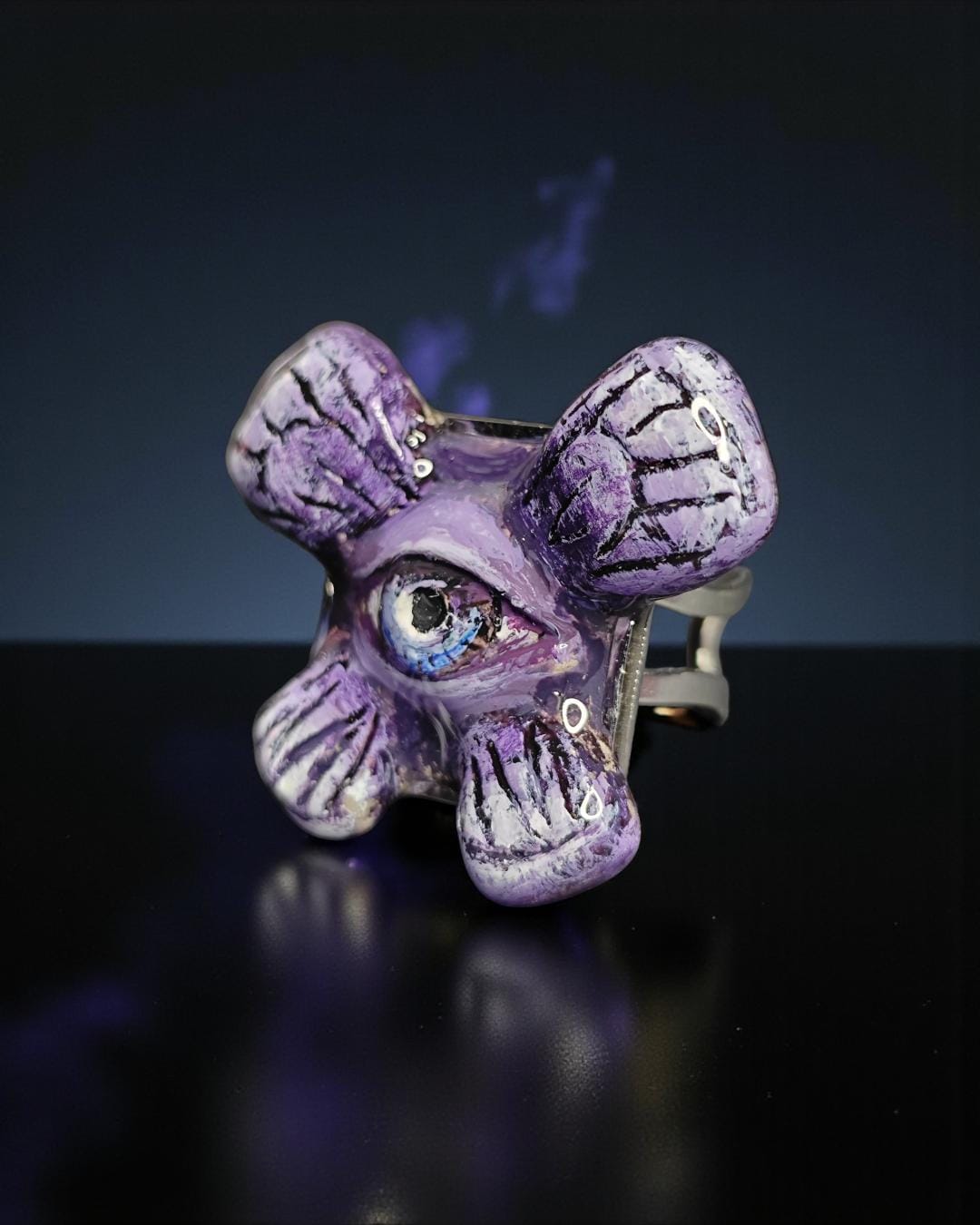Purple Butterfly Eye Ring – Handmade Clay & Resin Surreal Statement Jewelry, Sculptural Fantasy Wearable Art with Adjustable Stainless Steel