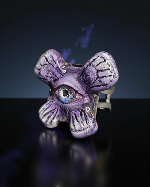 Purple Butterfly Eye Ring – Handmade Clay & Resin Surreal Statement Jewelry, Sculptural Fantasy Wearable Art with Adjustable Stainless Steel