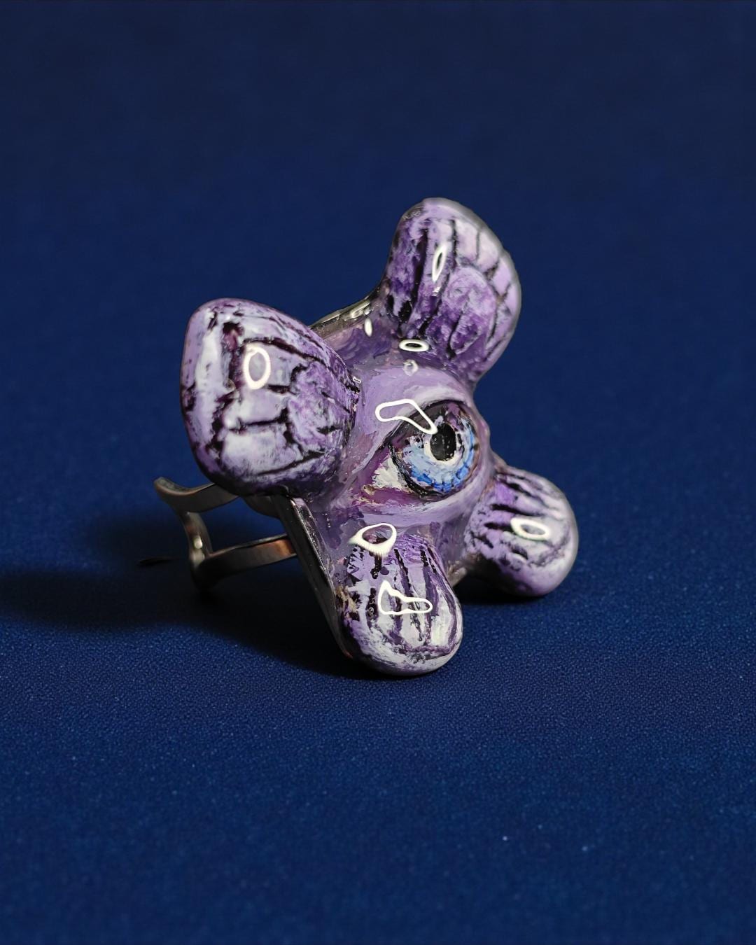Purple Butterfly Eye Ring – Handmade Clay & Resin Surreal Statement Jewelry, Sculptural Fantasy Wearable Art with Adjustable Stainless Steel