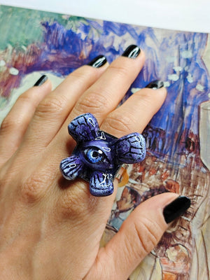 Purple Butterfly Eye Ring – Handmade Clay & Resin Surreal Statement Jewelry, Sculptural Fantasy Wearable Art with Adjustable Stainless Steel