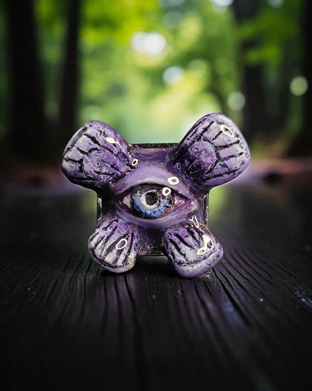Purple Butterfly Eye Ring – Handmade Clay & Resin Surreal Statement Jewelry, Sculptural Fantasy Wearable Art with Adjustable Stainless Steel