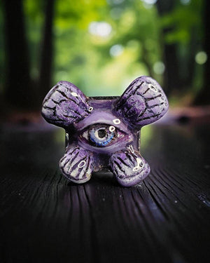 Purple Butterfly Eye Ring – Handmade Clay & Resin Surreal Statement Jewelry, Sculptural Fantasy Wearable Art with Adjustable Stainless Steel