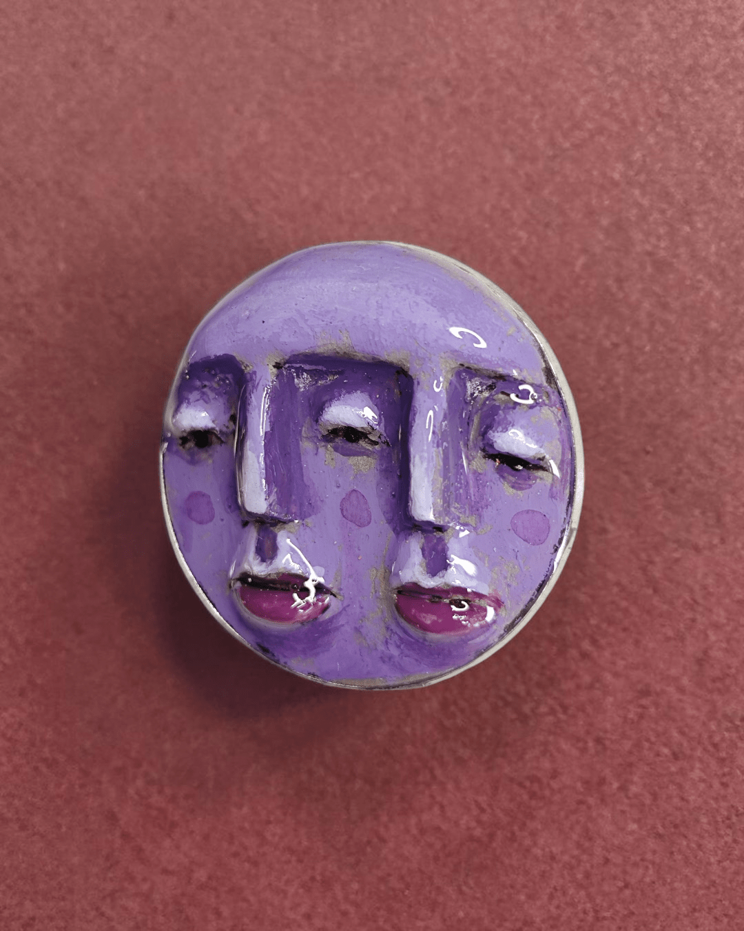 Purple Double Face Pin Button – Handmade Clay & Resin Surreal Wearable Art with Stainless Steel Pin Back - SAMA