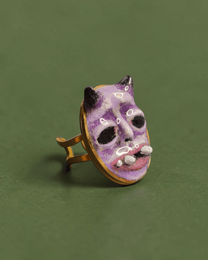 Purple Double Horn Monster Ring – Handmade Clay & Resin Surreal Statement Jewelry with Adjustable Stainless Steel Band - SAMA