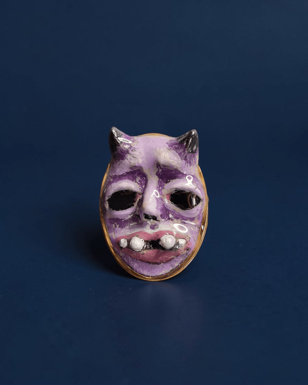 Purple Double Horn Monster Ring – Handmade Clay & Resin Surreal Statement Jewelry with Adjustable Stainless Steel Band - SAMA